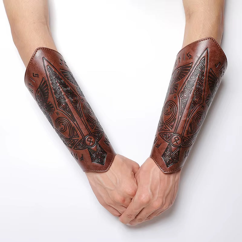 Medieval Leather Wrist Guards Viking Warrior Embossed Leather Gauntlets Knight Arm Gloves Retro Gothic Wristbands Outdoor Armor