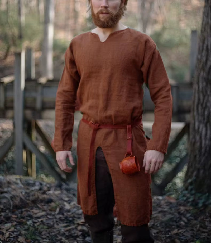 Adult Men Medieval Knight Warrior Costume Green Tunic Clothing Norman Chevalier Braid Viking Pirate Saxon LARP Top Shirt