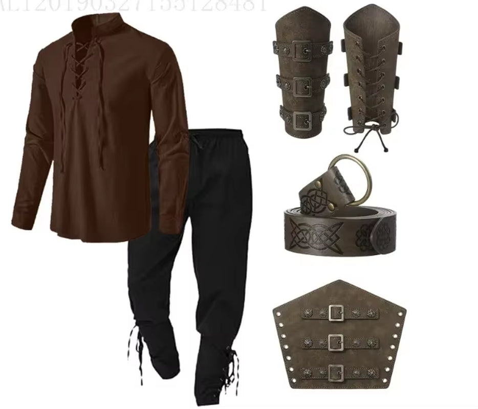 4 Pcs Men'S Renaissance Costume Halloween Set Medieval Pirate Shirt Ankle Banded Pants Viking Belt Accessories