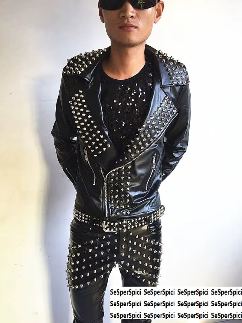 Hot Punk Rock Band DJ Men'S Singer Costume Non Mainstream Chic Full Rivet Leather Men Singer Costumes Jacket Guitar Show