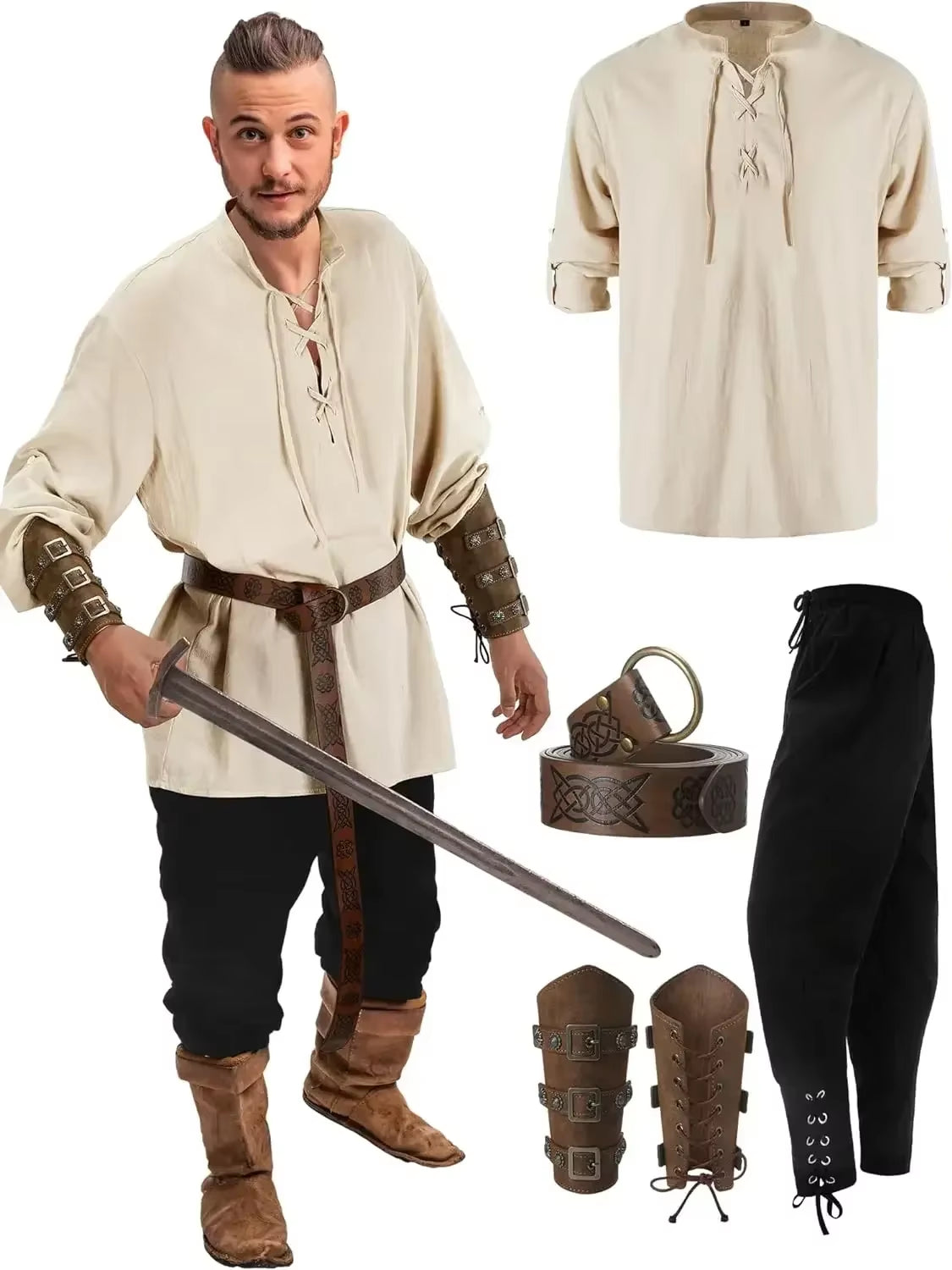 4 Pcs Men'S Renaissance Costume Halloween Set Medieval Pirate Shirt Ankle Banded Pants Viking Belt Accessories
