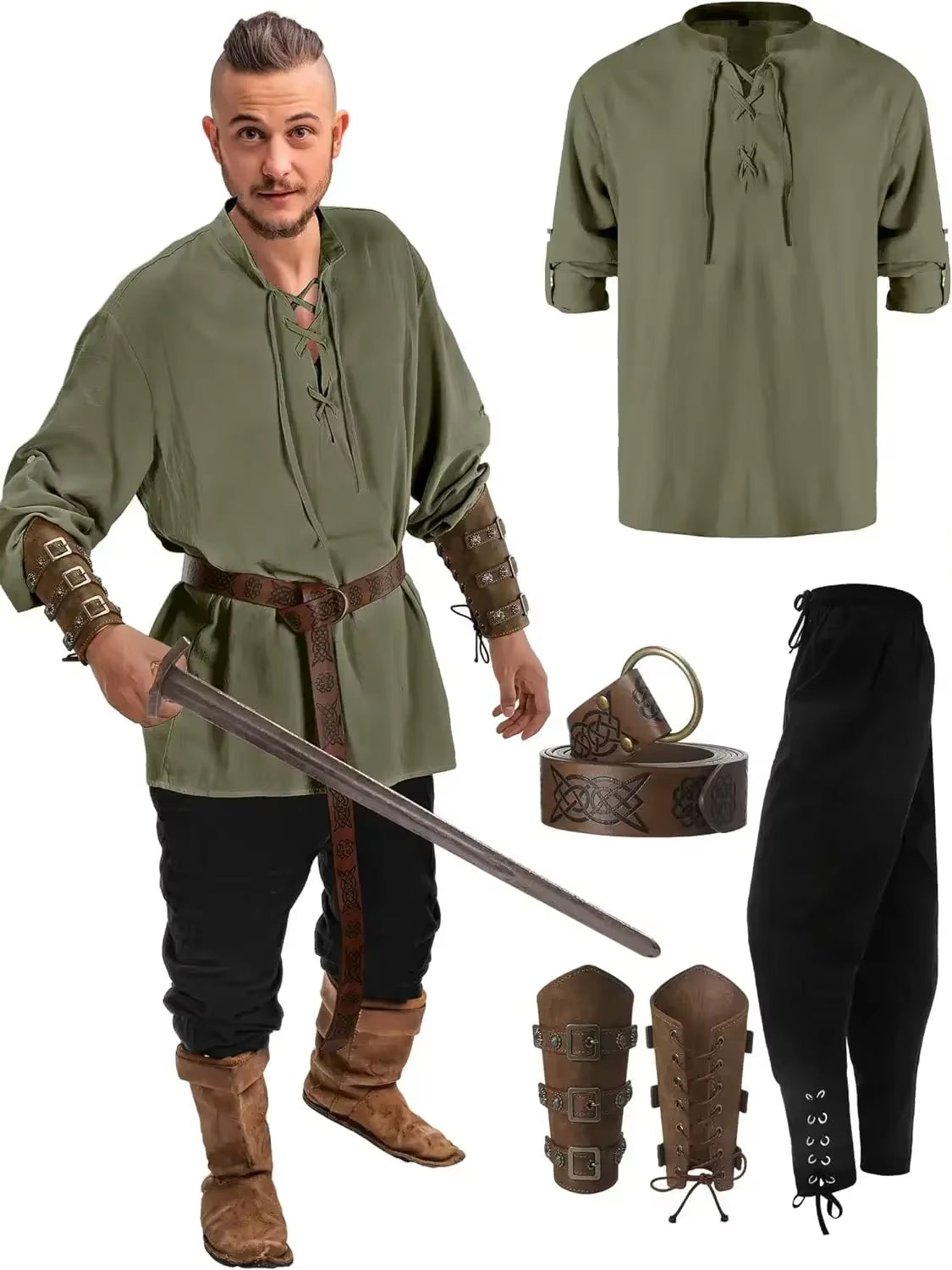 4 Pcs Men'S Renaissance Costume Halloween Set Medieval Pirate Shirt Ankle Banded Pants Viking Belt Accessories