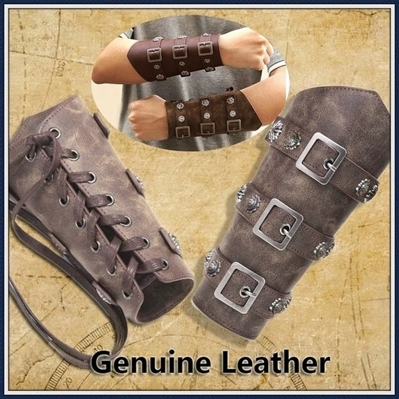 2Pcs Medieval Cosplay PU Leather Armor Arm Warmer Lace-Up Men Viking Pirate Knight Gauntlet Wristband Bracer Steampunk Accessory