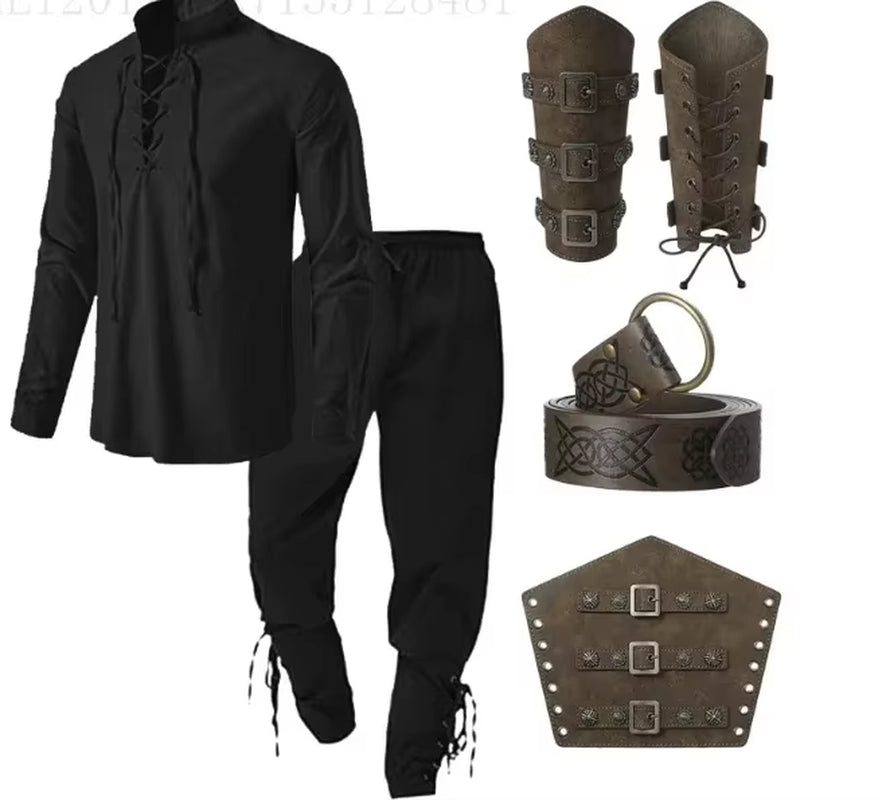 4 Pcs Men'S Renaissance Costume Halloween Set Medieval Pirate Shirt Ankle Banded Pants Viking Belt Accessories