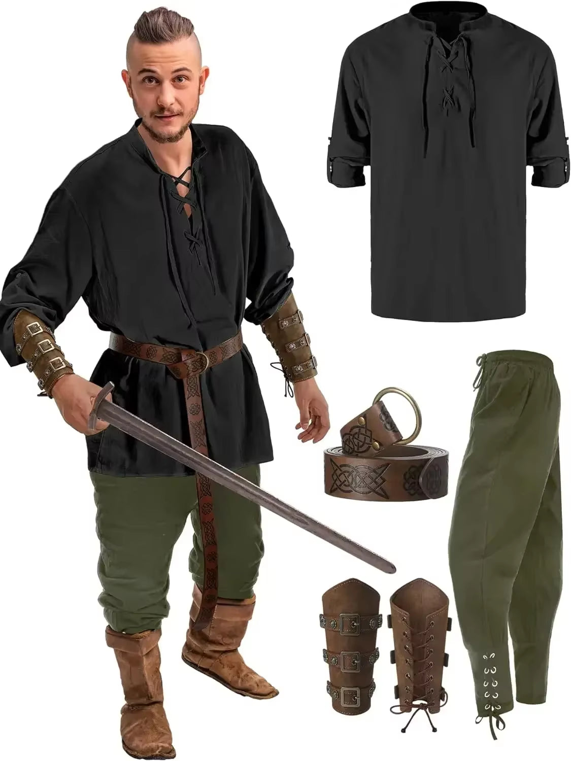 4 Pcs Men'S Renaissance Costume Halloween Set Medieval Pirate Shirt Ankle Banded Pants Viking Belt Accessories