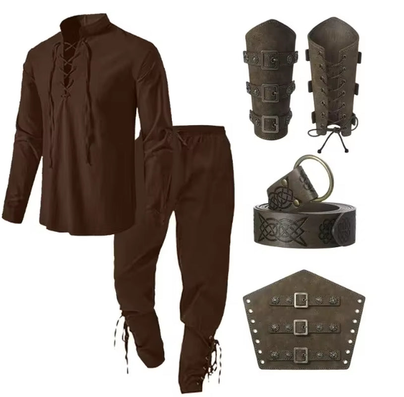 4 Pcs Men'S Renaissance Costume Halloween Set Medieval Pirate Shirt Ankle Banded Pants Viking Belt Accessories