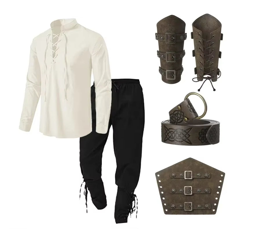 4 Pcs Men'S Renaissance Costume Halloween Set Medieval Pirate Shirt Ankle Banded Pants Viking Belt Accessories