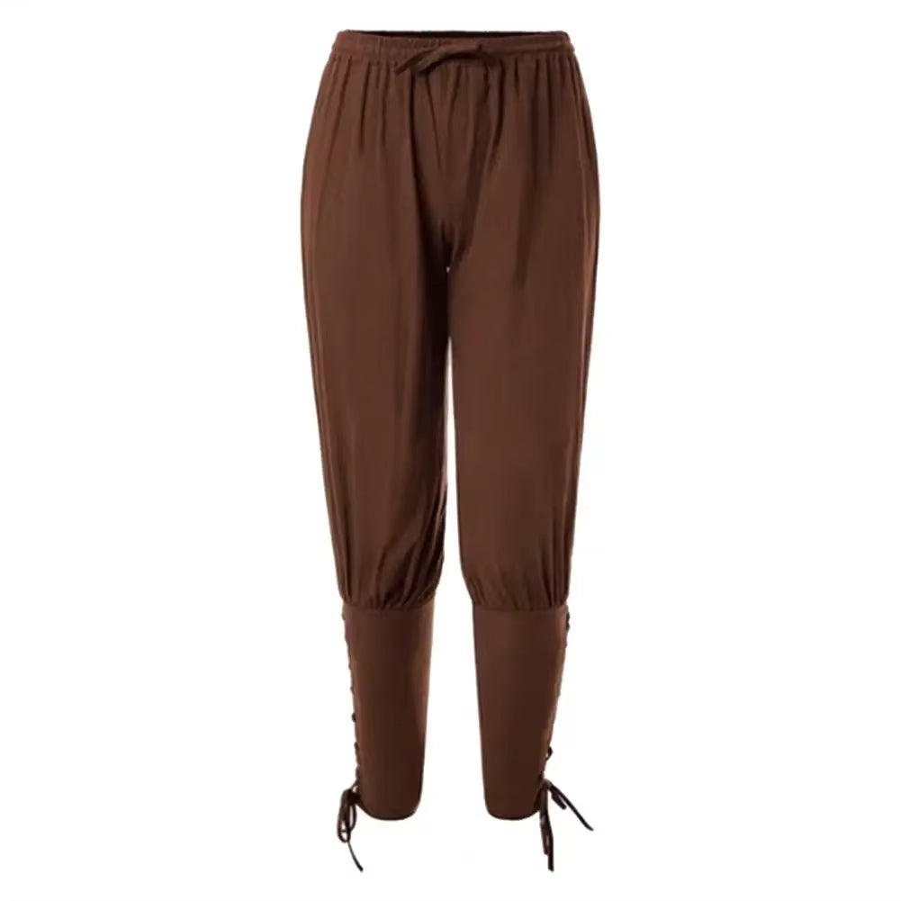 Adult Men Medieval Pirate Pants Linen Horseman Knight Costume Loose Leggings Black Navigator Leg Bandage Trouser