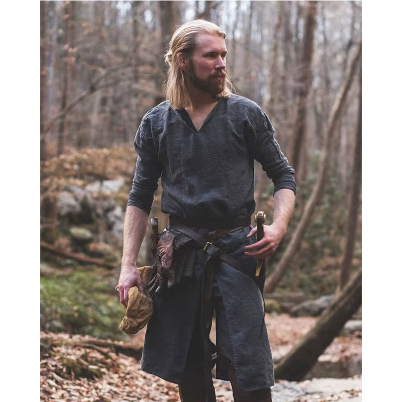 Adult Men Medieval Knight Warrior Costume Green Tunic Clothing Norman Chevalier Braid Viking Pirate Saxon LARP Top Shirt