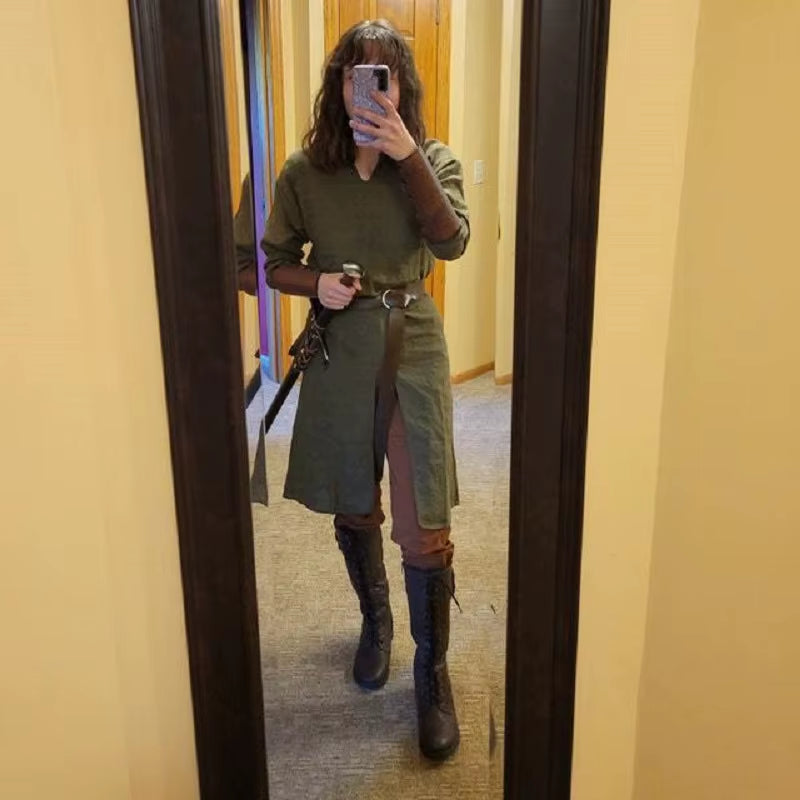 Adult Men Medieval Knight Warrior Costume Green Tunic Clothing Norman Chevalier Braid Viking Pirate Saxon LARP Top Shirt