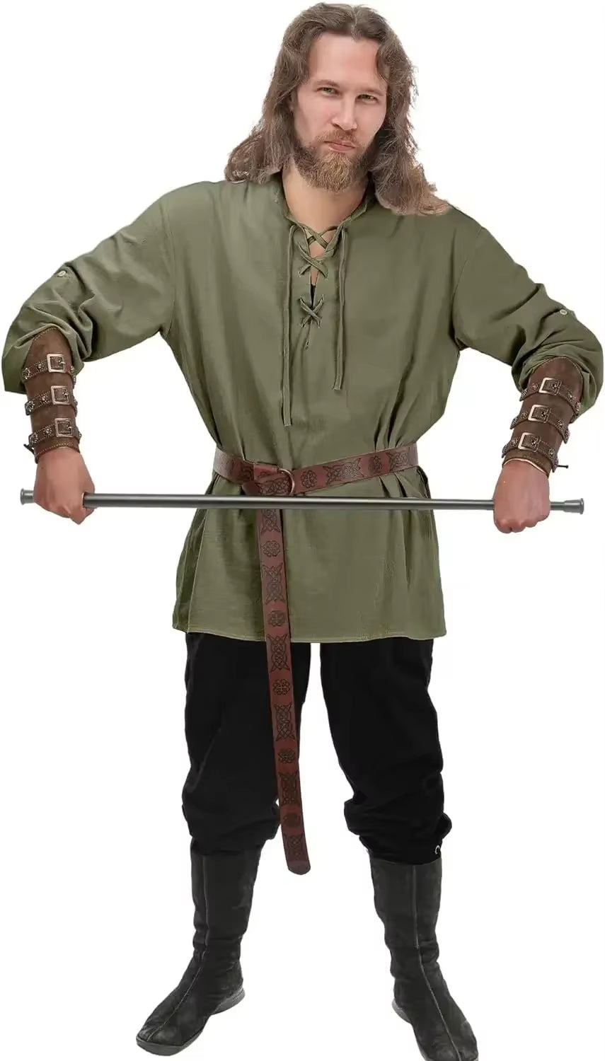 4 Pcs Men'S Renaissance Costume Halloween Set Medieval Pirate Shirt Ankle Banded Pants Viking Belt Accessories