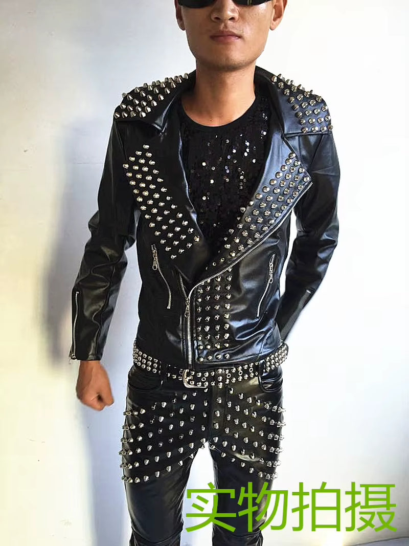 Hot Punk Rock Band DJ Men'S Singer Costume Non Mainstream Chic Full Rivet Leather Men Singer Costumes Jacket Guitar Show