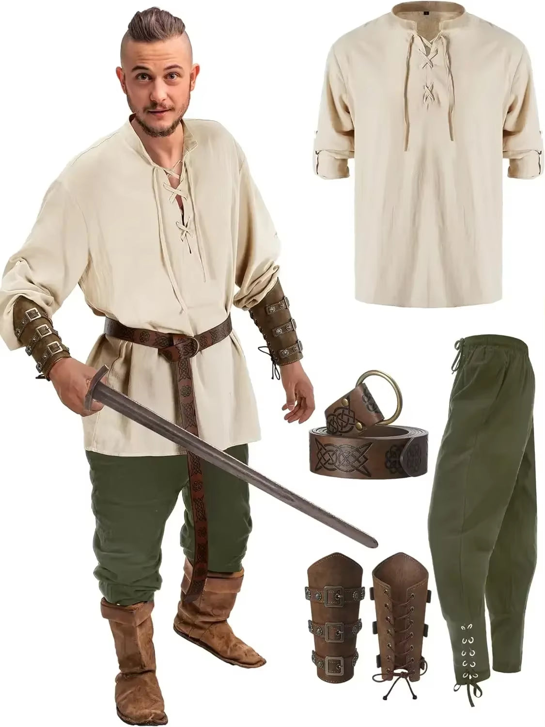 4 Pcs Men'S Renaissance Costume Halloween Set Medieval Pirate Shirt Ankle Banded Pants Viking Belt Accessories