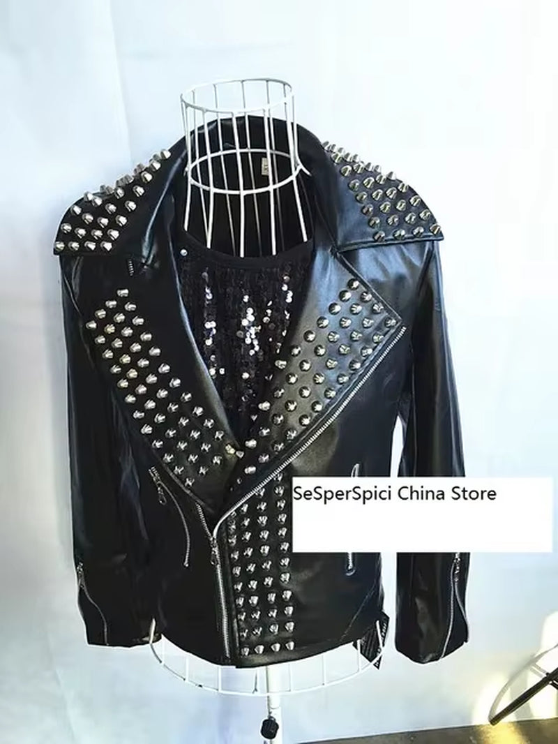 Hot Punk Rock Band DJ Men'S Singer Costume Non Mainstream Chic Full Rivet Leather Men Singer Costumes Jacket Guitar Show