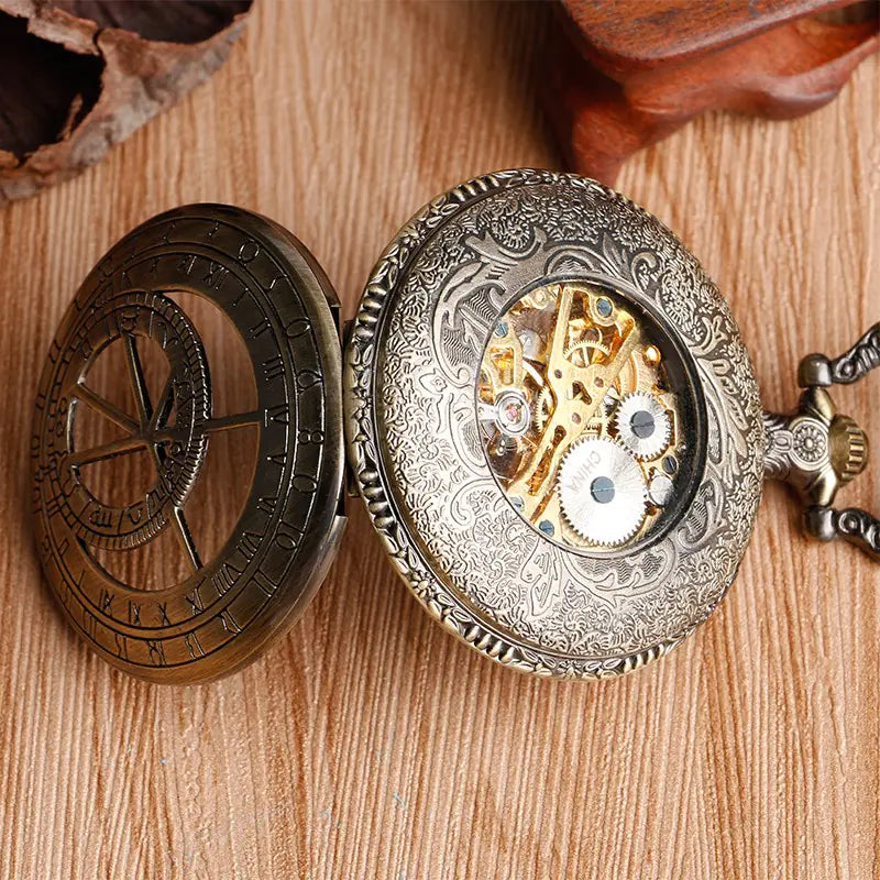 Antique Bronze Mechanical Pocket Watch with Compass