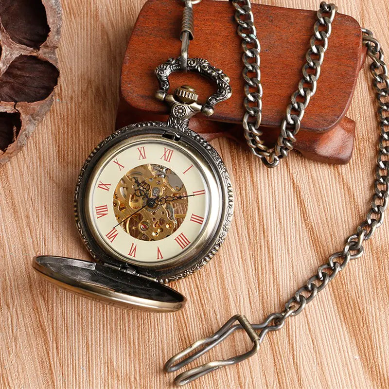 Antique Bronze Mechanical Pocket Watch with Compass