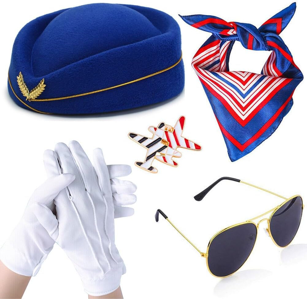 5Pcs Airline Stewardess Costume Accessories Set Womens Flight Hat Sunglasses Sca