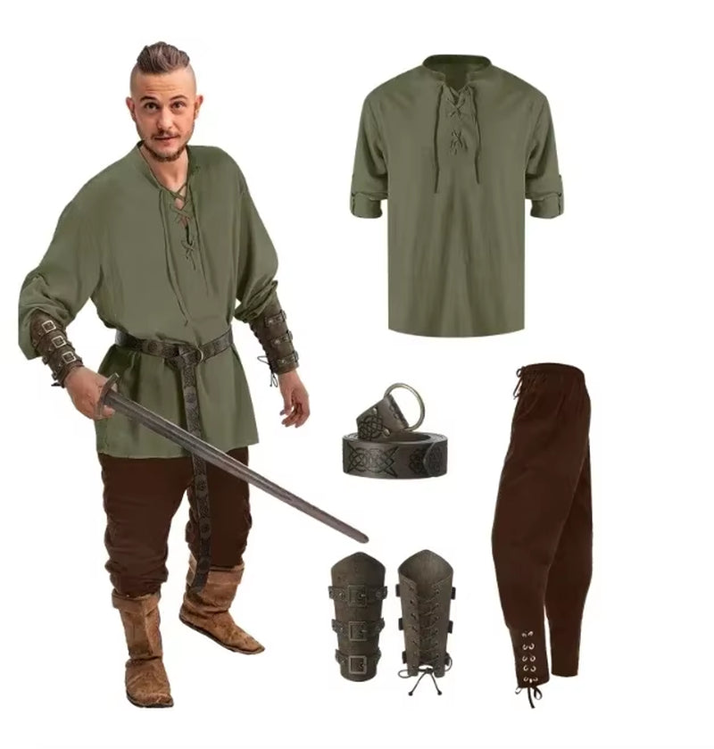 4 Pcs Men'S Renaissance Costume Halloween Set Medieval Pirate Shirt Ankle Banded Pants Viking Belt Accessories