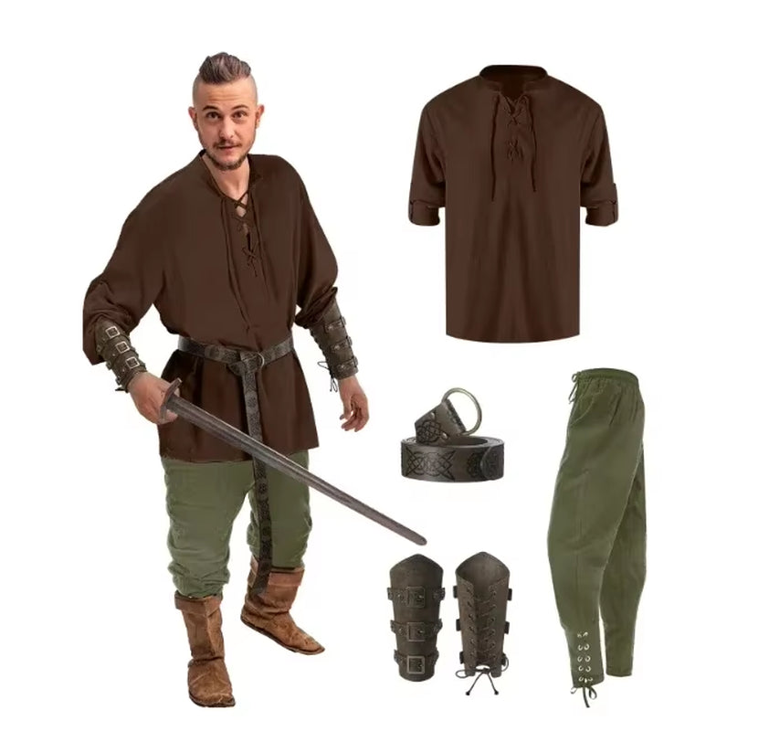 4 Pcs Men'S Renaissance Costume Halloween Set Medieval Pirate Shirt Ankle Banded Pants Viking Belt Accessories