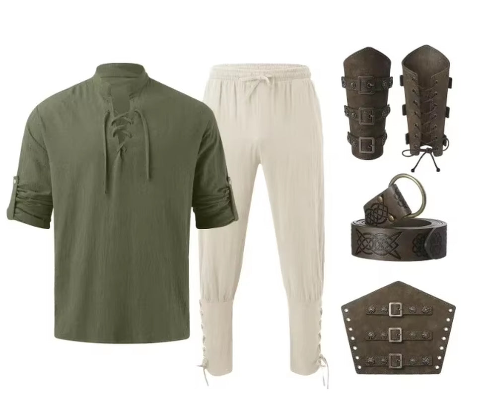 4 Pcs Men'S Renaissance Costume Halloween Set Medieval Pirate Shirt Ankle Banded Pants Viking Belt Accessories