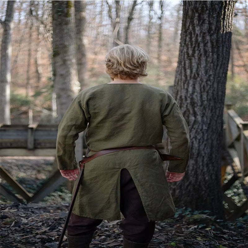 Adult Men Medieval Knight Warrior Costume Green Tunic Clothing Norman Chevalier Braid Viking Pirate Saxon LARP Top Shirt